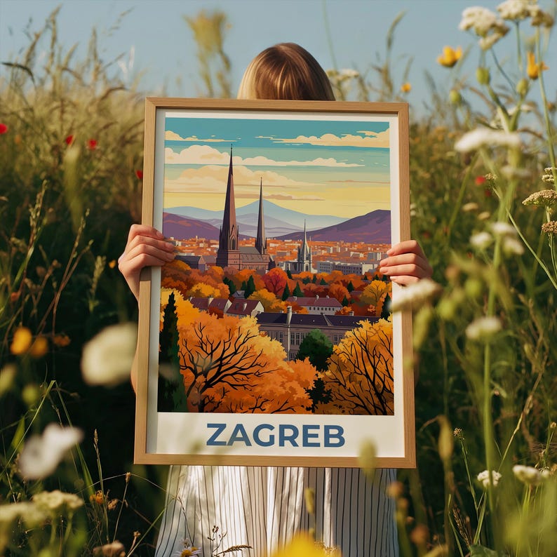 Zagreb Poster, Croatia Travel Print, European Skyline Art, Zagreb City Illustration, Landscape Poster, Home Decor, Birthday Gift