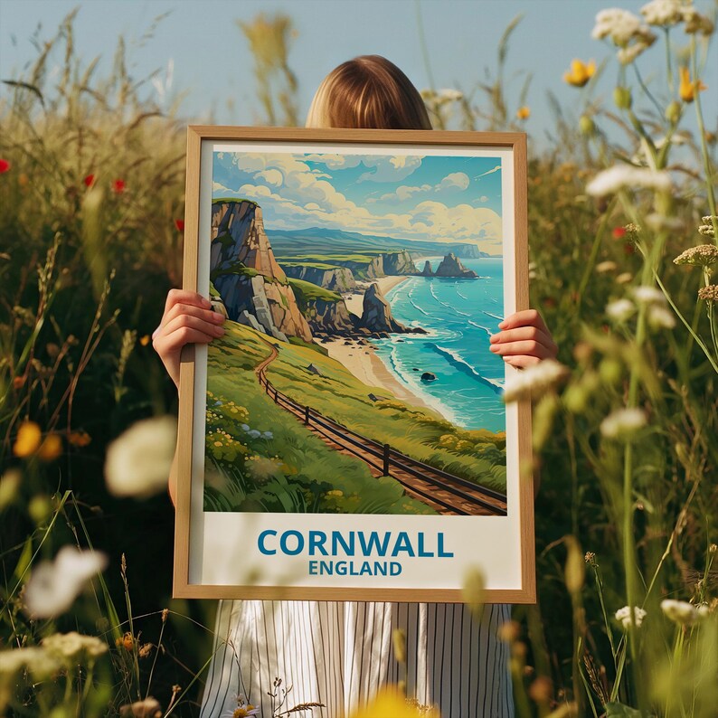 Cornwall Travel Print England Poster Cornwall Cliffs Wall Art Great Britain Illustration Coastal Landscape Poster Home Decor Birthday Gift