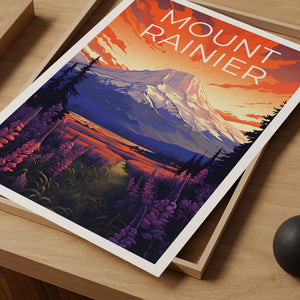 Affiche de voyage du mont Rainier, art mural de Washington, impression de Washington, affiche du mont Rainier, affiche de Washington, affiche de montagne