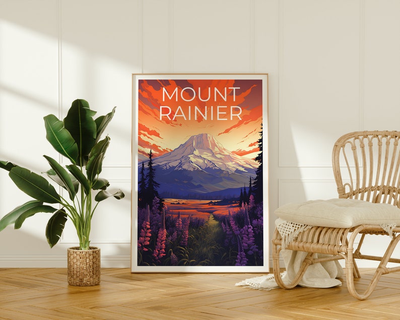 Affiche de voyage du mont Rainier, art mural de Washington, impression de Washington, affiche du mont Rainier, affiche de Washington, affiche de montagne