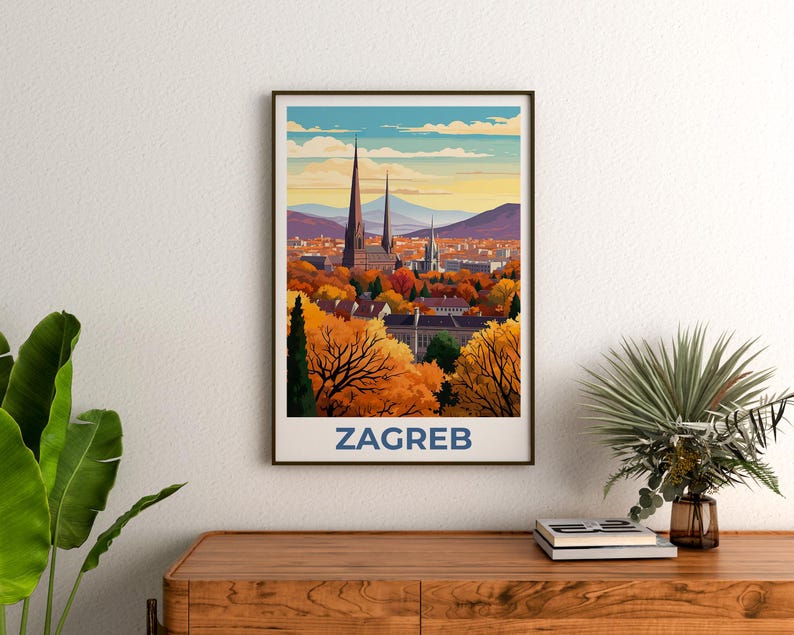 Zagreb Poster, Croatia Travel Print, European Skyline Art, Zagreb City Illustration, Landscape Poster, Home Decor, Birthday Gift