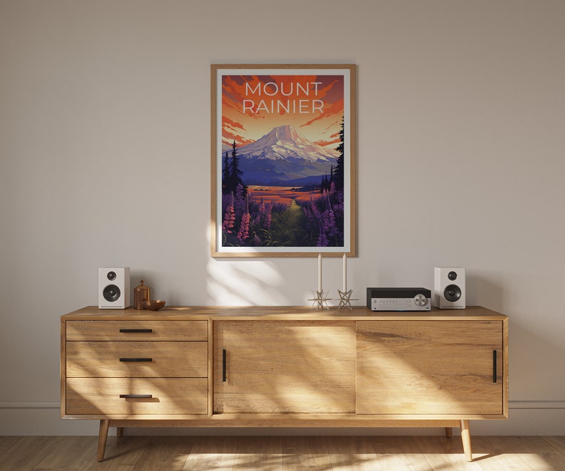 Affiche de voyage du mont Rainier, art mural de Washington, impression de Washington, affiche du mont Rainier, affiche de Washington, affiche de montagne
