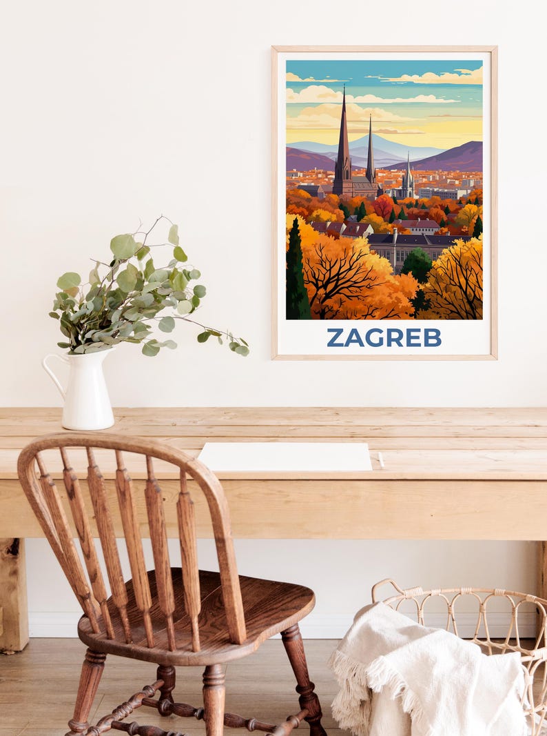 Zagreb Poster, Croatia Travel Print, European Skyline Art, Zagreb City Illustration, Landscape Poster, Home Decor, Birthday Gift
