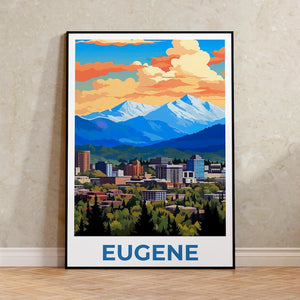 Eugene Travel Print, Oregon Poster, Rustic City Wall Art, Mountain Illustration, Landscape Poster, Home Decor, Birthday Gift