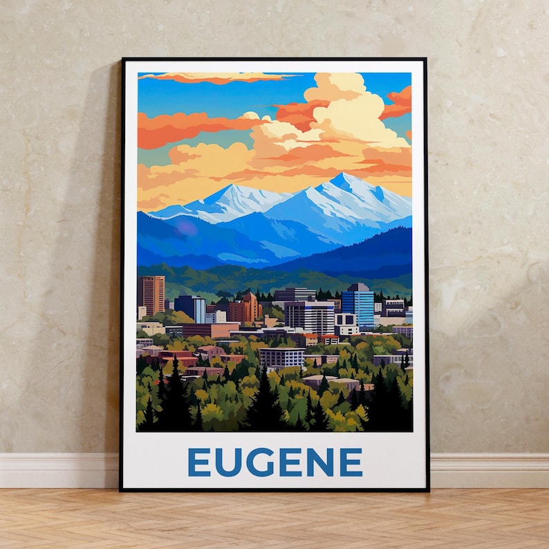Eugene Travel Print, Oregon Poster, Rustic City Wall Art, Mountain Illustration, Landscape Poster, Home Decor, Birthday Gift