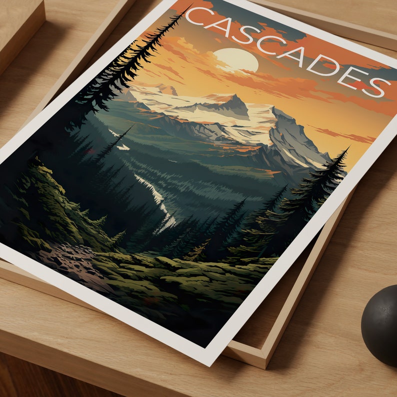 Cascades Travel Poster, Mountain Wall Art, Mountain Print, Cascades Poster, Mountain Poster, Nature Poster, Cascade Art