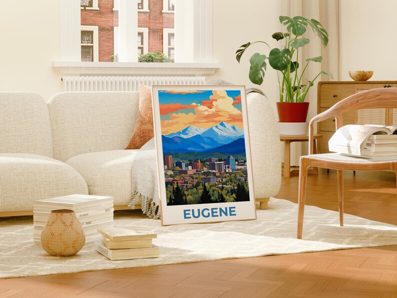 Eugene Travel Print, Oregon Poster, Rustic City Wall Art, Mountain Illustration, Landscape Poster, Home Decor, Birthday Gift