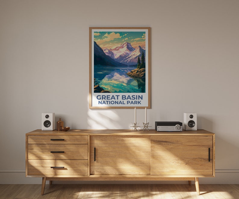 Affiche de voyage du parc du Grand Bassin, art mural du Nevada, impression du Nevada, affiche du parc du Grand Bassin, affiche du Nevada, affiche de montagne