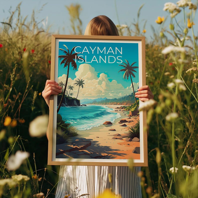 Cayman Islands Travel Print Tropical Island Poster Palm Trees Wall Art Beach Illustration Cayman Islands Poster Home Decor Birthday Gift
