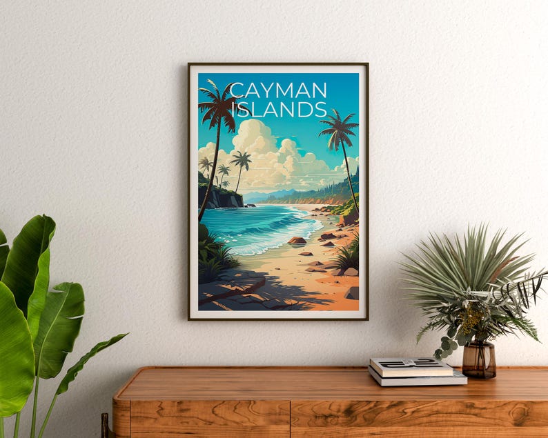 Cayman Islands Travel Print Tropical Island Poster Palm Trees Wall Art Beach Illustration Cayman Islands Poster Home Decor Birthday Gift