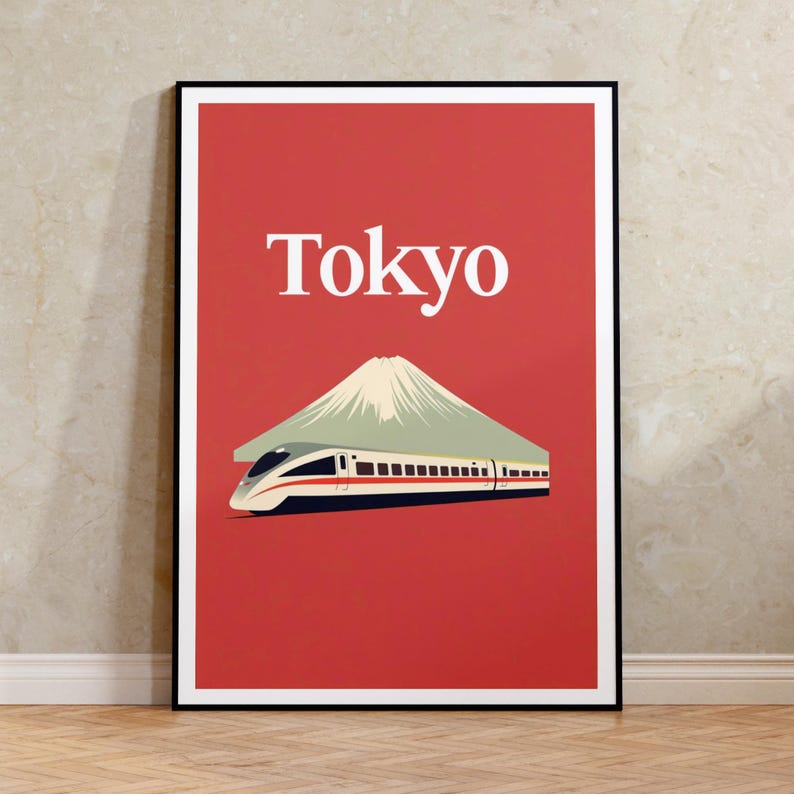 Tokyo Poster, Japan Travel Print, Mount Fuji Art, Shinkansen Bullet Train Illustration, Landscape Poster, Home Decor, Birthday Gift