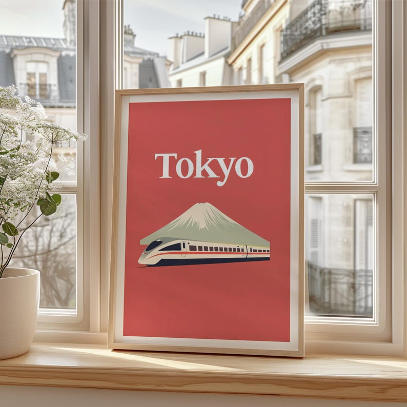 Tokyo Poster, Japan Travel Print, Mount Fuji Art, Shinkansen Bullet Train Illustration, Landscape Poster, Home Decor, Birthday Gift