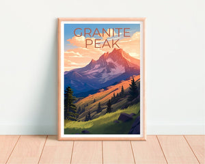 Affiche de voyage Granite Peak, art mural du Montana, impression du Montana, affiche Granite Peak, affiche du Montana, art Granite Peak