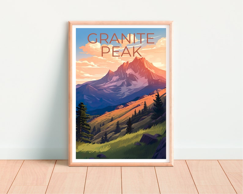 Affiche de voyage Granite Peak, art mural du Montana, impression du Montana, affiche Granite Peak, affiche du Montana, art Granite Peak
