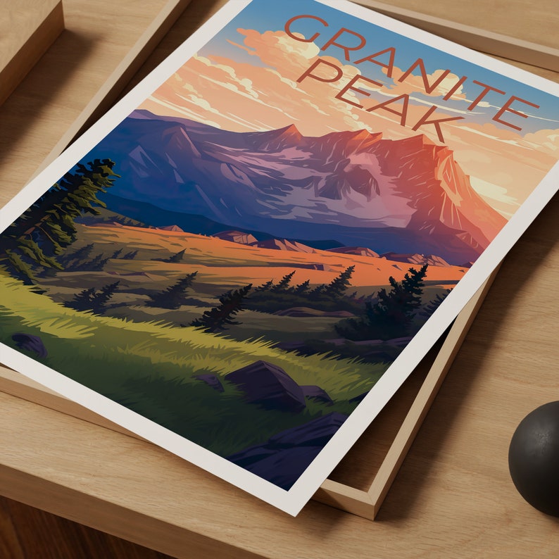 Affiche de voyage Granite Peak, art mural du Montana, impression du Montana, affiche Granite Peak, affiche du Montana, art Granite Peak
