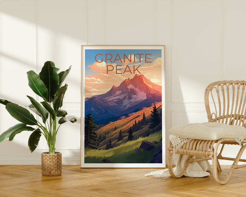 Affiche de voyage Granite Peak, art mural du Montana, impression du Montana, affiche Granite Peak, affiche du Montana, art Granite Peak