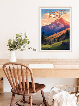 Affiche de voyage Granite Peak, art mural du Montana, impression du Montana, affiche Granite Peak, affiche du Montana, art Granite Peak