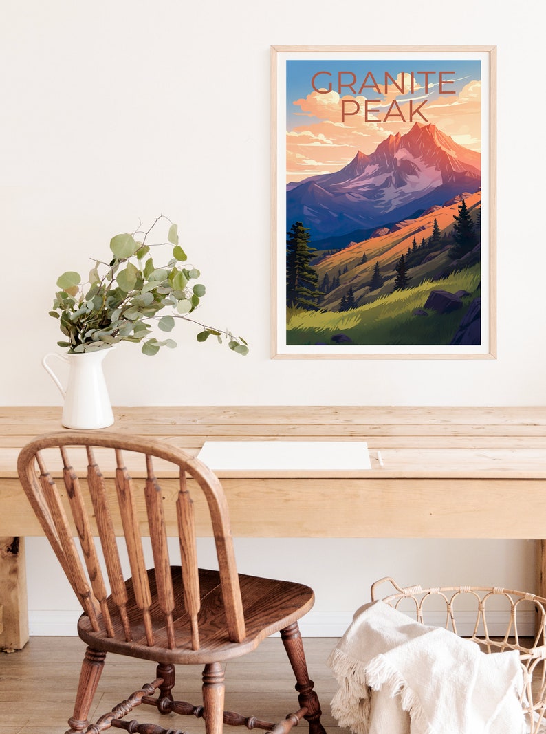 Affiche de voyage Granite Peak, art mural du Montana, impression du Montana, affiche Granite Peak, affiche du Montana, art Granite Peak