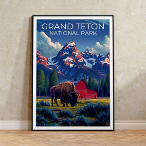 Affiche du parc national de Grand Teton, impression du Wyoming, art du Wyoming, impression de bisons, affiche du Grand Teton, affiche du Wyoming