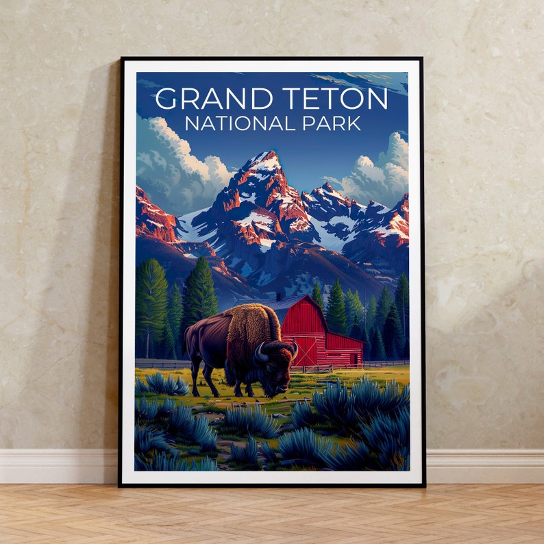 Affiche du parc national de Grand Teton, impression du Wyoming, art du Wyoming, impression de bisons, affiche du Grand Teton, affiche du Wyoming