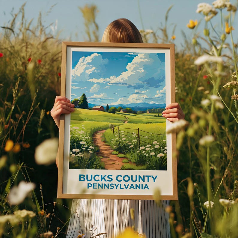 Bucks County Travel Print, Pennsylvania Poster, Rural Wall Art, Countryside Illustration, Bucks County Poster, Home Decor, Birthday Gift