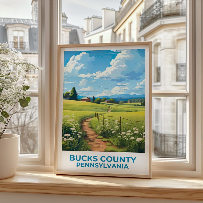 Bucks County Travel Print, Pennsylvania Poster, Rural Wall Art, Countryside Illustration, Bucks County Poster, Home Decor, Birthday Gift
