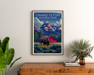 Affiche du parc national de Grand Teton, impression du Wyoming, art du Wyoming, impression de bisons, affiche du Grand Teton, affiche du Wyoming