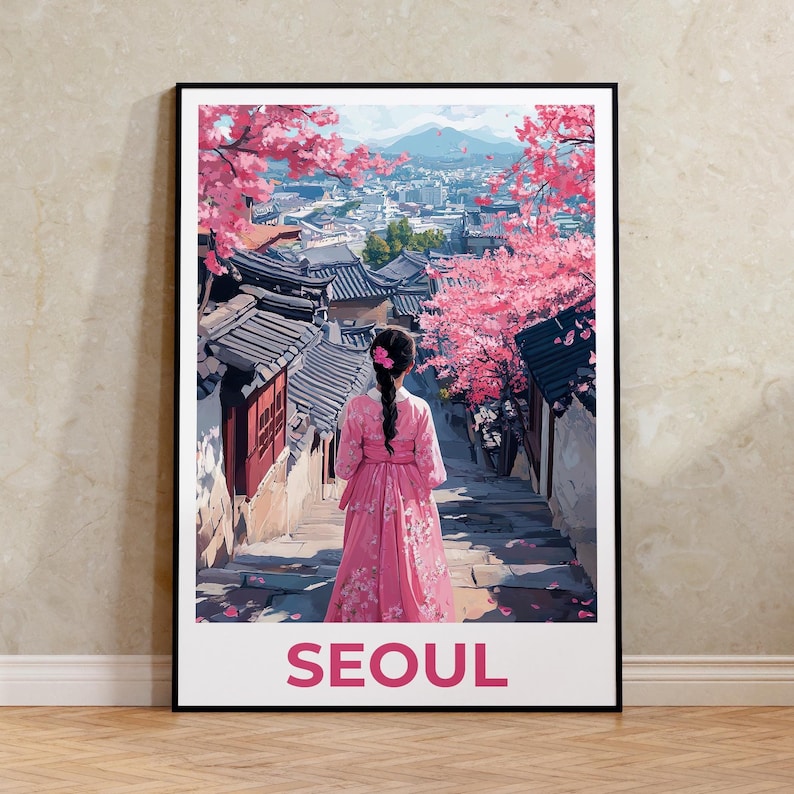 Seoul Travel Print, South Korea Poster, Seoul City Wall Art, Hanbok Illustration, Seoul Poster, Home Decor, Birthday Gift