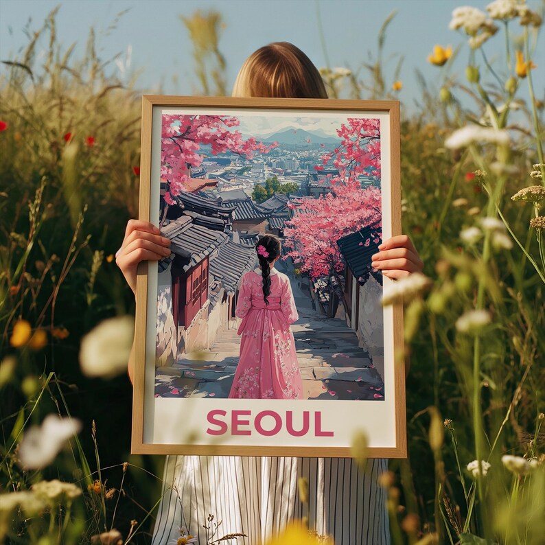 Seoul Travel Print, South Korea Poster, Seoul City Wall Art, Hanbok Illustration, Seoul Poster, Home Decor, Birthday Gift