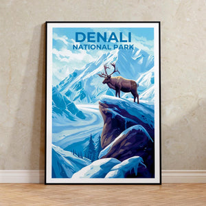 Denali Travel Print Alaska Poster Mountain Wall Art Snow Illustration Winter Landscape Poster Home Decor Birthday Gift