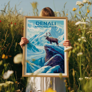 Denali Travel Print Alaska Poster Mountain Wall Art Snow Illustration Winter Landscape Poster Home Decor Birthday Gift