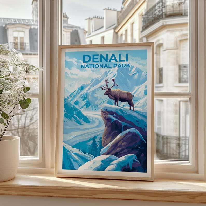 Denali Travel Print Alaska Poster Mountain Wall Art Snow Illustration Winter Landscape Poster Home Decor Birthday Gift