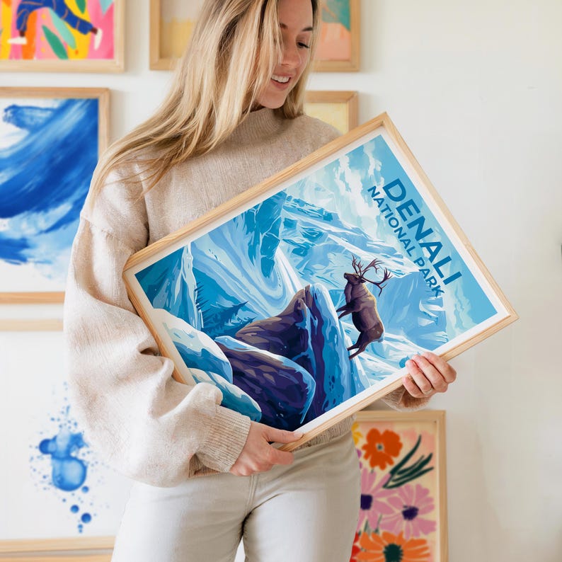 Denali Travel Print Alaska Poster Mountain Wall Art Snow Illustration Winter Landscape Poster Home Decor Birthday Gift