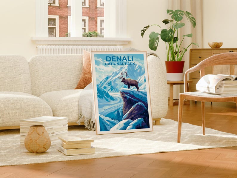 Denali Travel Print Alaska Poster Mountain Wall Art Snow Illustration Winter Landscape Poster Home Decor Birthday Gift