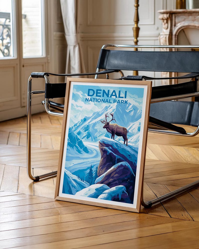 Denali Travel Print Alaska Poster Mountain Wall Art Snow Illustration Winter Landscape Poster Home Decor Birthday Gift