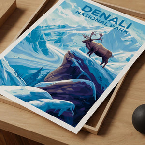 Denali Travel Print Alaska Poster Mountain Wall Art Snow Illustration Winter Landscape Poster Home Decor Birthday Gift