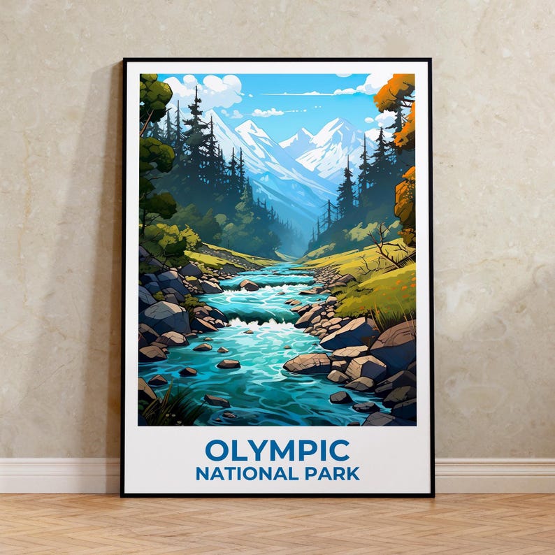 Olympic National Park Travel Print Washington State Poster Forest Wall Art Mountains Illustration Olympic Poster Home Decor Birthday Gift