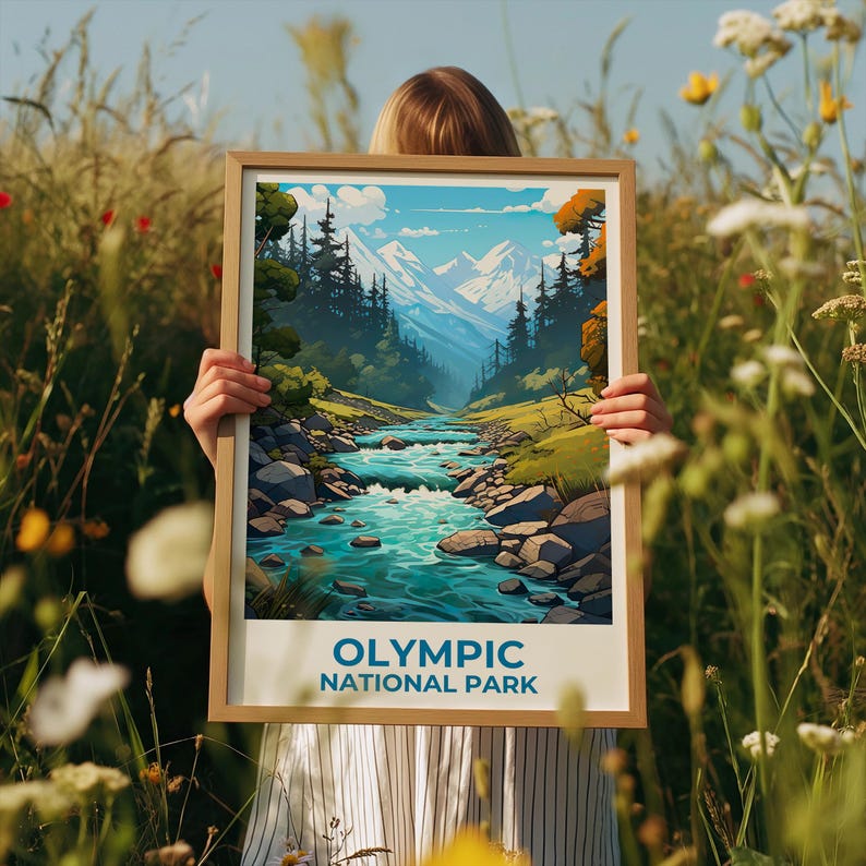 Olympic National Park Travel Print Washington State Poster Forest Wall Art Mountains Illustration Olympic Poster Home Decor Birthday Gift