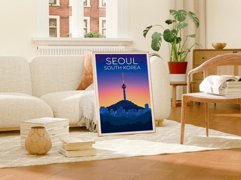 Seoul Poster, South Korea Travel Print, Asia Art, Namsam Tower Illustration, Landscape Poster, Scenic Wall Art, Home Decor, Birthday Gift