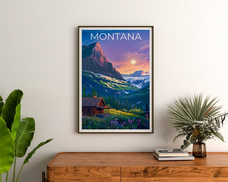 Affiche Montana, Impression Montana, Affiche de montagne, Impression de montagne, Affiche de voyage Montana, Affiche de cabane en rondins, Art Montana