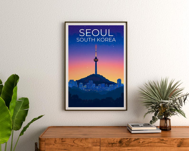 Seoul Poster, South Korea Travel Print, Asia Art, Namsam Tower Illustration, Landscape Poster, Scenic Wall Art, Home Decor, Birthday Gift