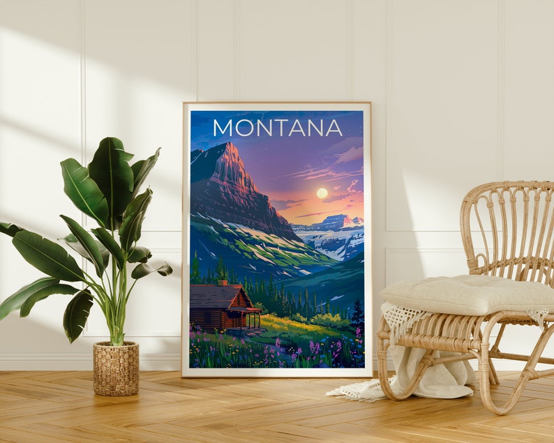 Affiche Montana, Impression Montana, Affiche de montagne, Impression de montagne, Affiche de voyage Montana, Affiche de cabane en rondins, Art Montana