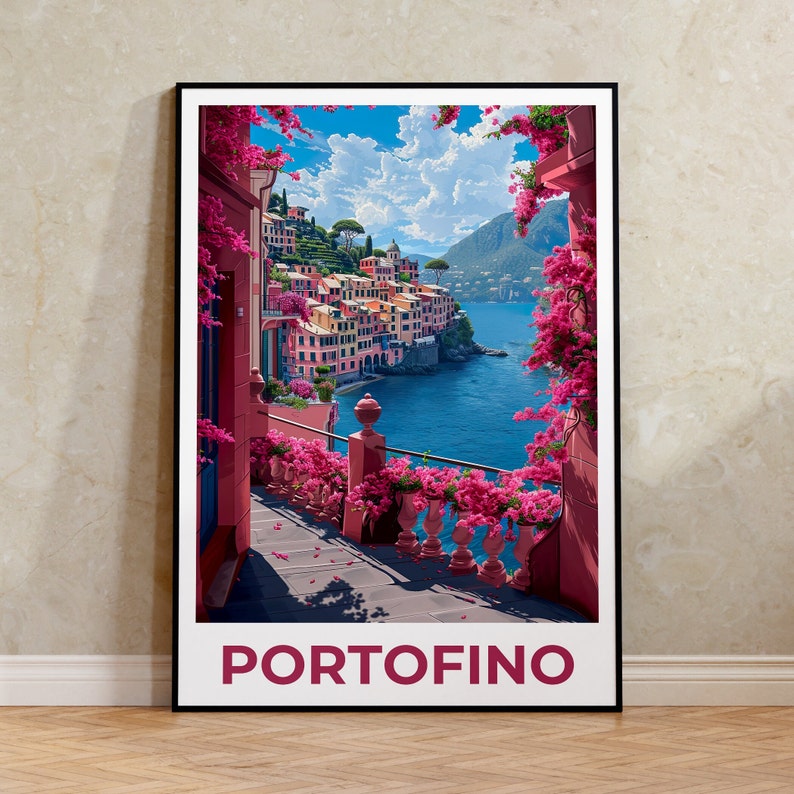 Portofino Poster, Portofino Print, Italy Poster, Italy Print, Portofino Travel Poster, Bougainvillea Poster, Portofino Art