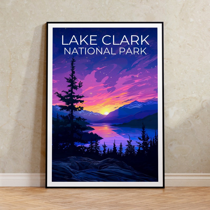 Affiche du parc national du lac Clark, impression du lac Clark, affiche de l'Alaska, impression de l'Alaska, affiche de voyage du lac Clark, art de l'Alaska, art du lac Clark
