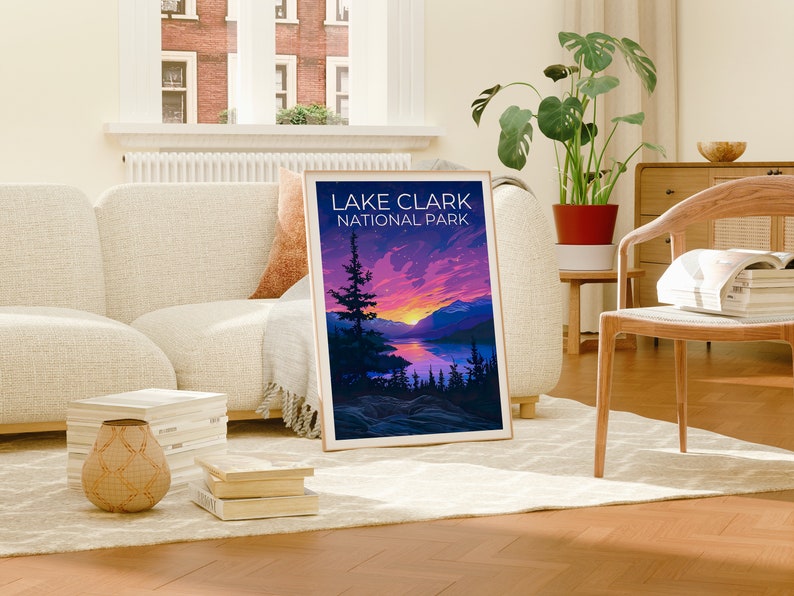 Affiche du parc national du lac Clark, impression du lac Clark, affiche de l'Alaska, impression de l'Alaska, affiche de voyage du lac Clark, art de l'Alaska, art du lac Clark