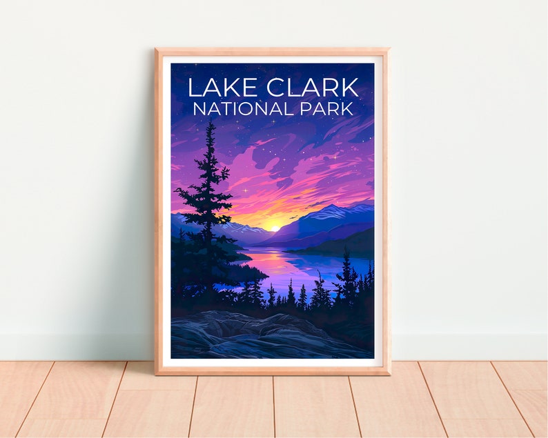 Affiche du parc national du lac Clark, impression du lac Clark, affiche de l'Alaska, impression de l'Alaska, affiche de voyage du lac Clark, art de l'Alaska, art du lac Clark