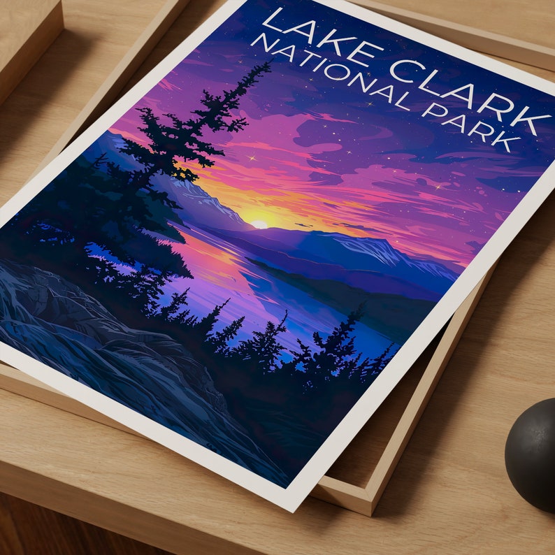 Affiche du parc national du lac Clark, impression du lac Clark, affiche de l'Alaska, impression de l'Alaska, affiche de voyage du lac Clark, art de l'Alaska, art du lac Clark