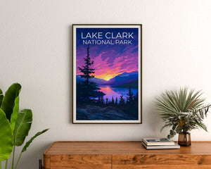 Affiche du parc national du lac Clark, impression du lac Clark, affiche de l'Alaska, impression de l'Alaska, affiche de voyage du lac Clark, art de l'Alaska, art du lac Clark