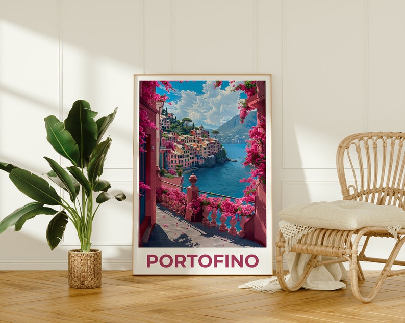 Portofino Poster, Portofino Print, Italy Poster, Italy Print, Portofino Travel Poster, Bougainvillea Poster, Portofino Art