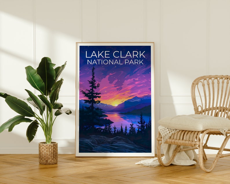 Affiche du parc national du lac Clark, impression du lac Clark, affiche de l'Alaska, impression de l'Alaska, affiche de voyage du lac Clark, art de l'Alaska, art du lac Clark